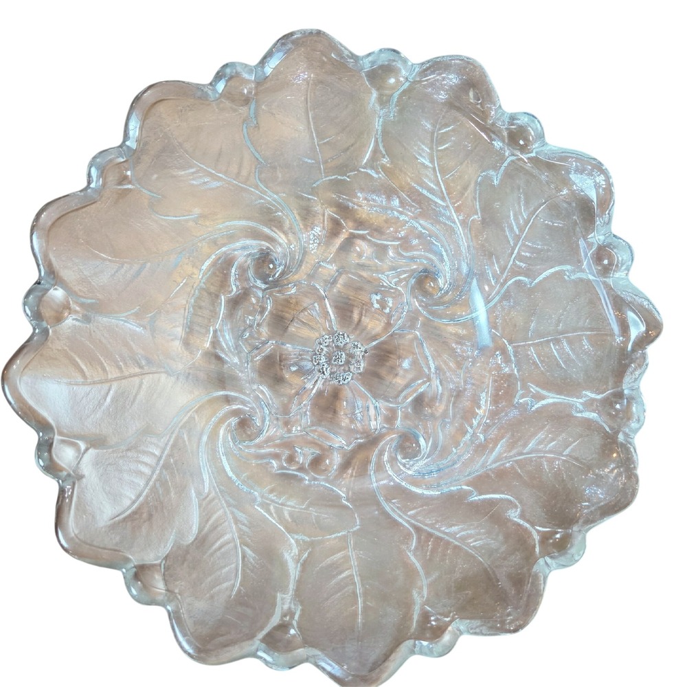 Vintage KIG Malaysia Clear Pressed Glass Floral Swirl Serving Bowl 9"